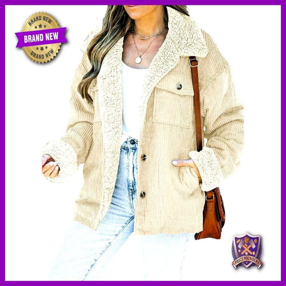Corduroy Sherpa Jacket Button Down Fleece Collar Winter Warm Coat Casual